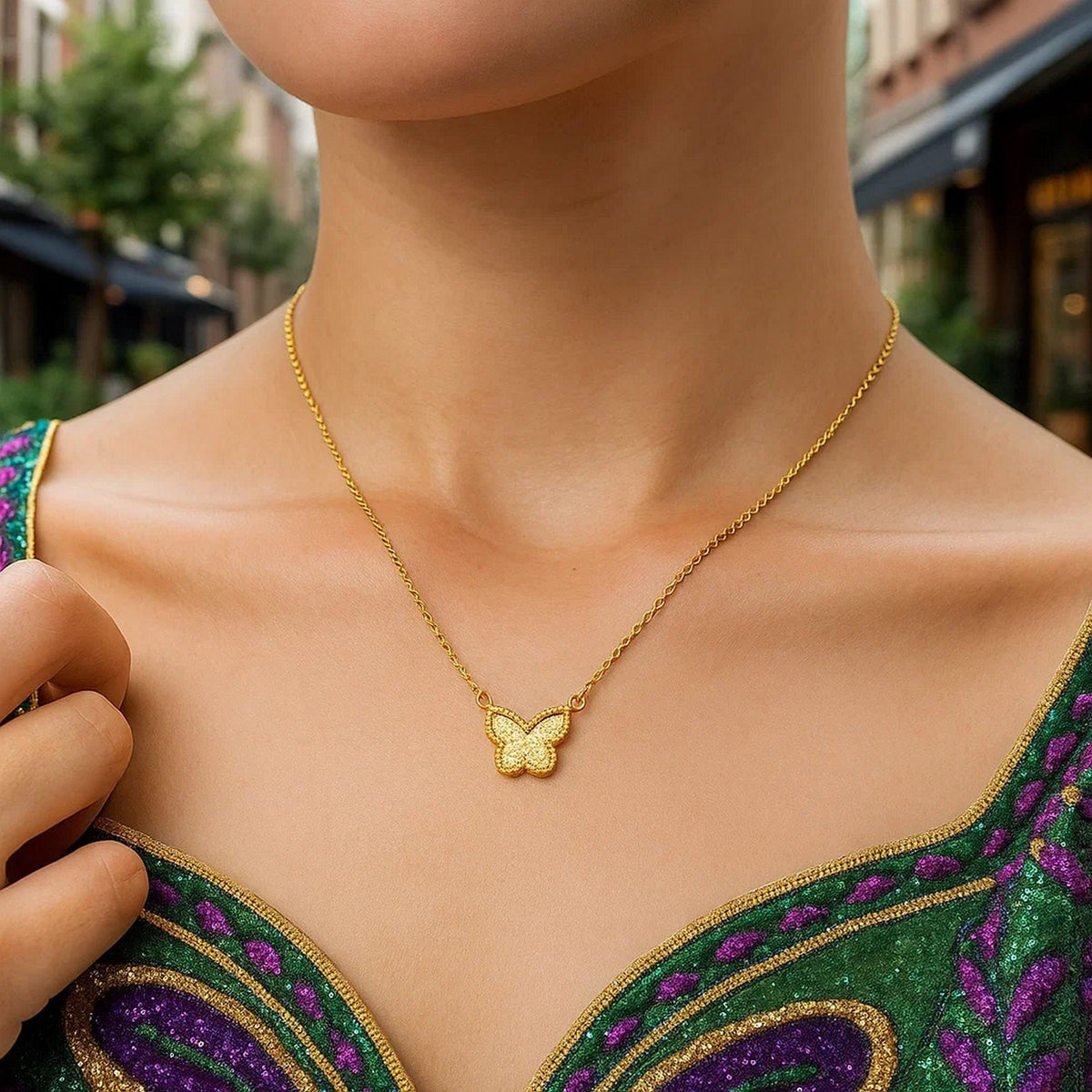 Mother of Pearl Butterfly Necklace in 14K Yellow Gold