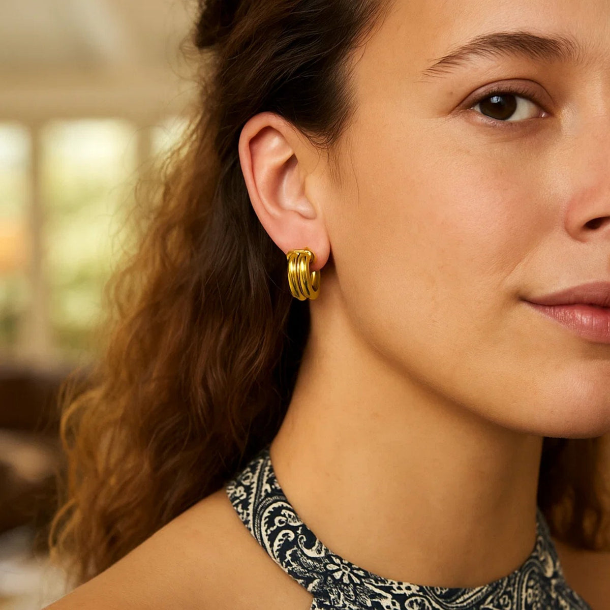 Double Row Huggie Hoop Earrings in 14K Yellow Gold, worn