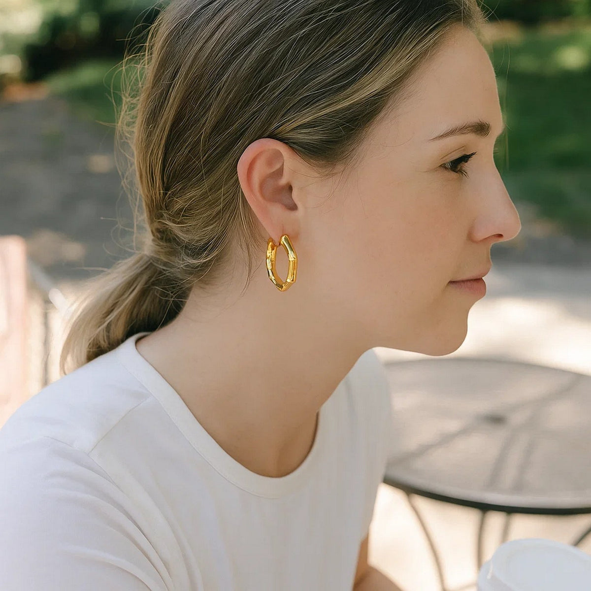 Bamboo Hoop Earrings in 14K Yellow Gold, worn