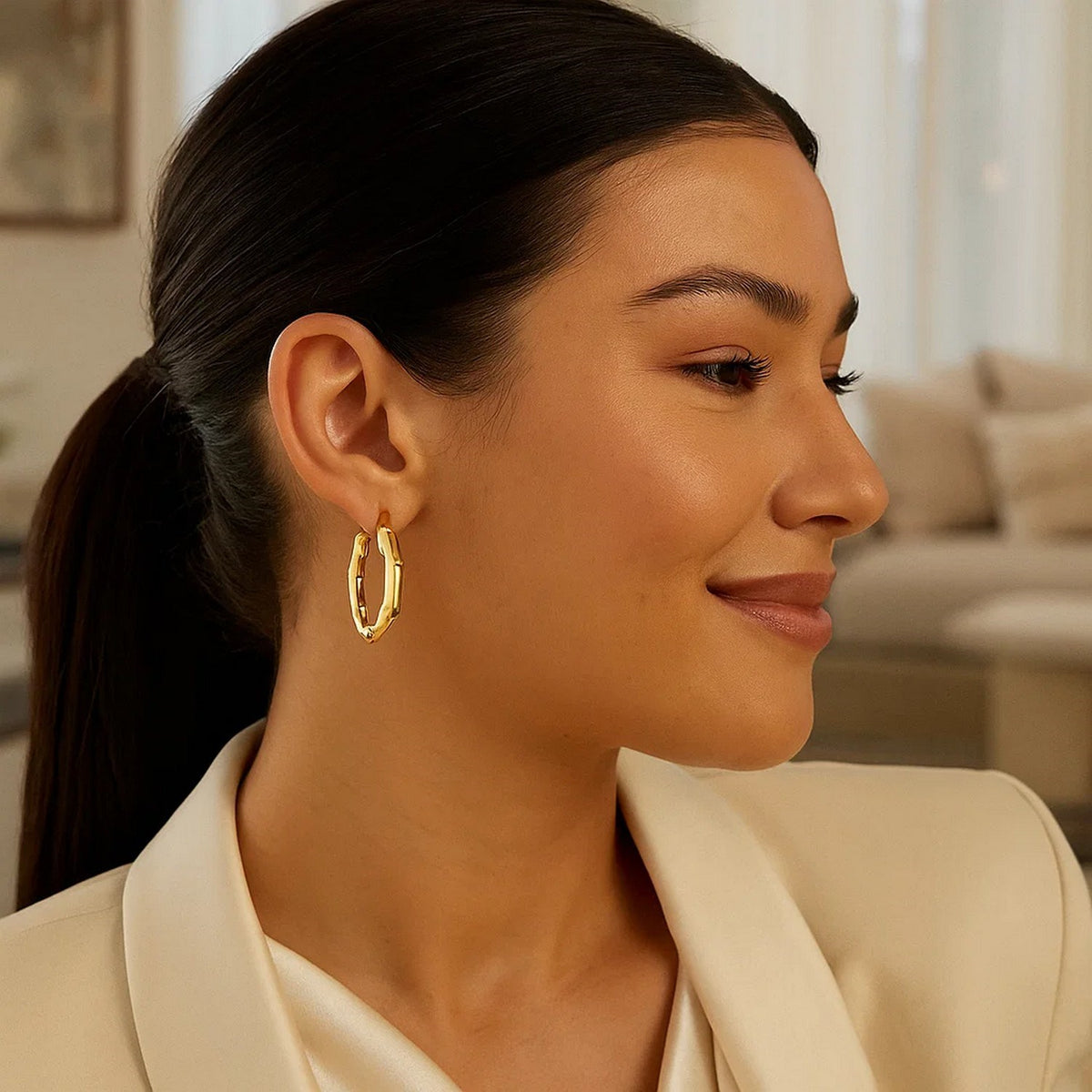Bamboo Hoop Earrings in 14K Yellow Gold, worn