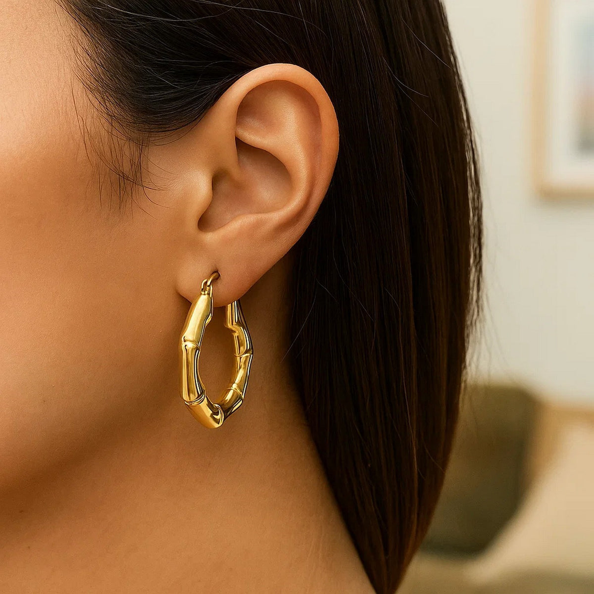 Bamboo Hoop Earrings in 14K Yellow Gold, worn