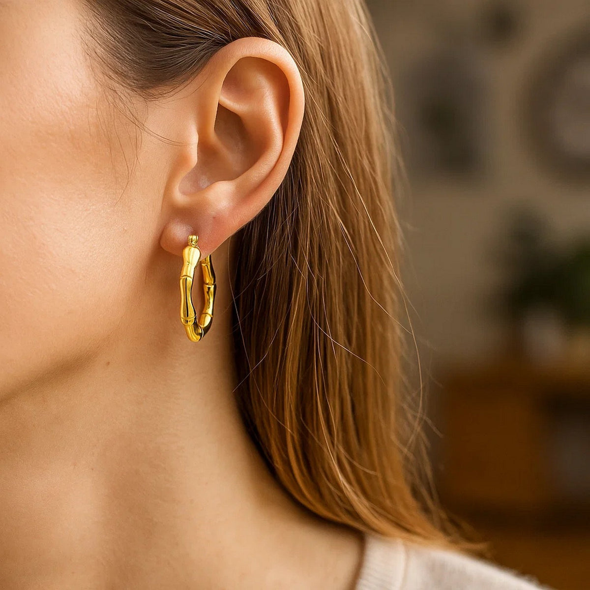 Bamboo Hoop Earrings in 14K Yellow Gold, worn