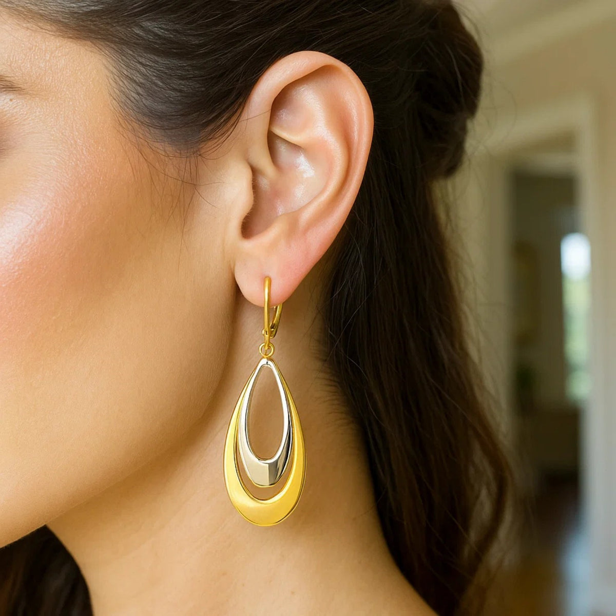 Double Open Teardrop Earrings in 14K Two-Tone Gold, worn