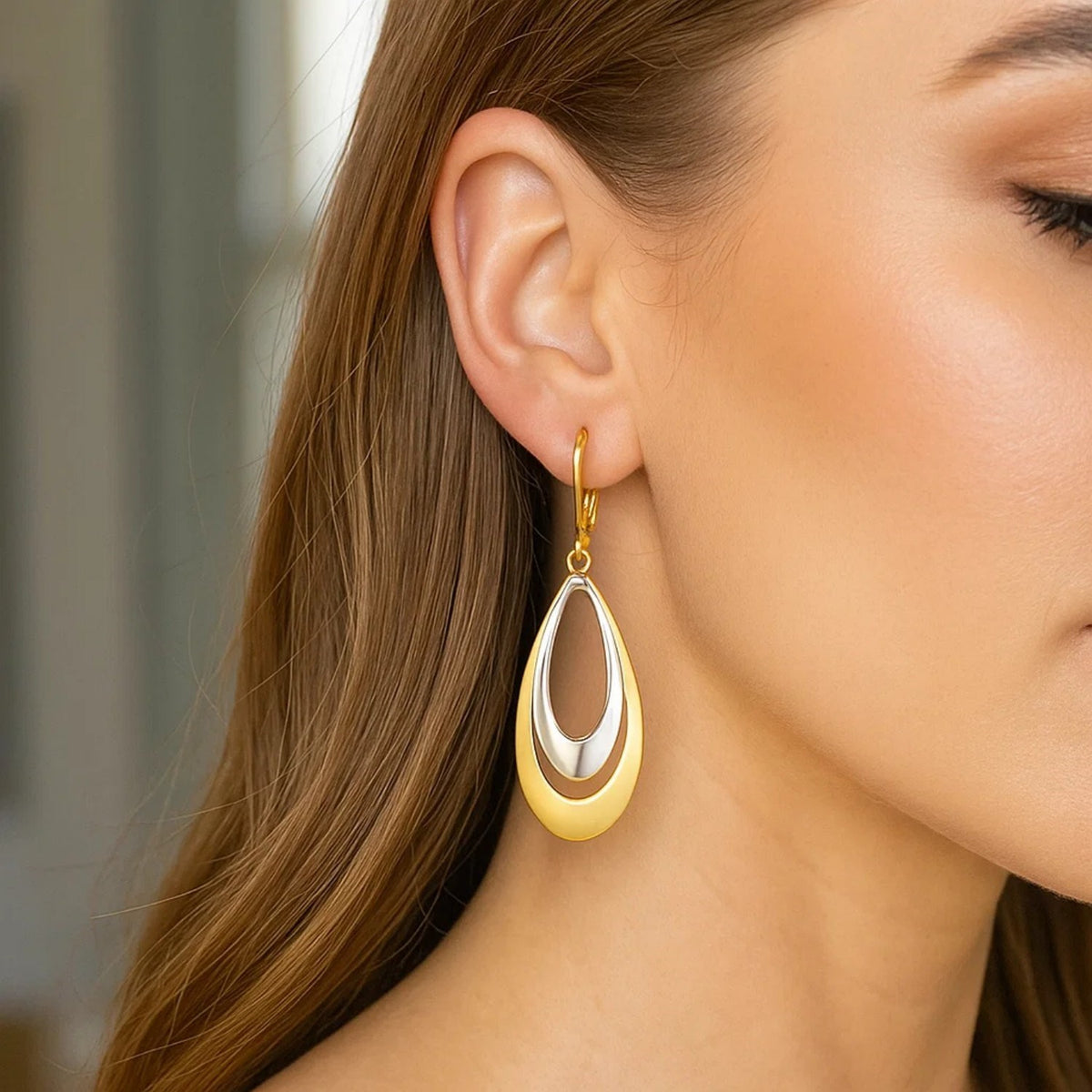 Double Open Teardrop Earrings in 14K Two-Tone Gold, worn