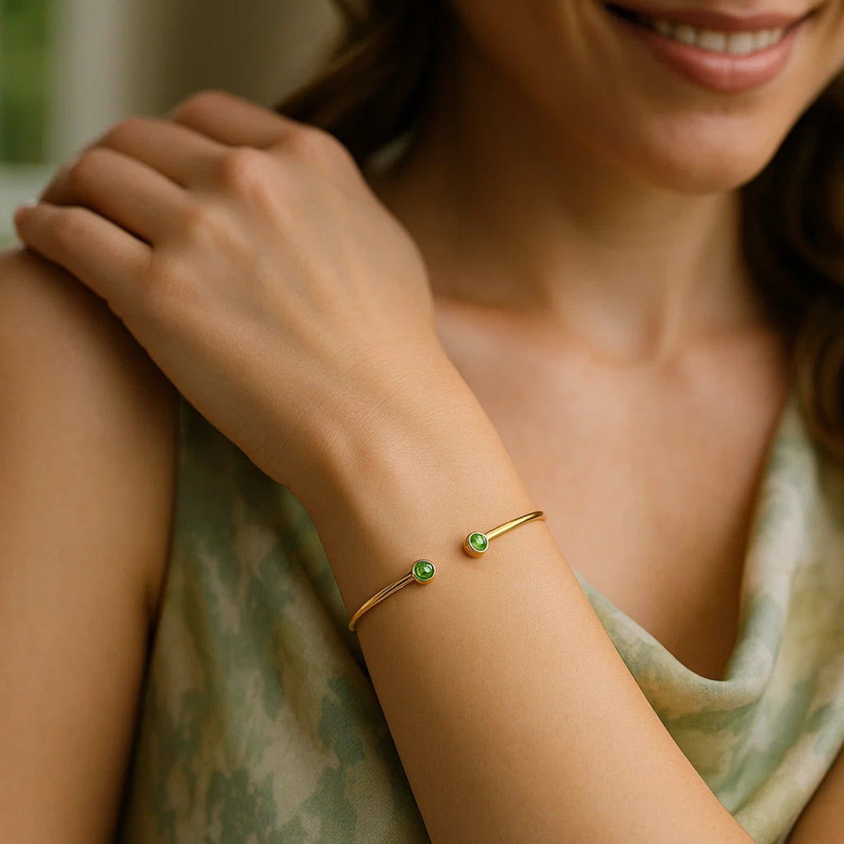 Peridot Open Cuff Bangle in 14K Yellow Gold (2.00 mm)