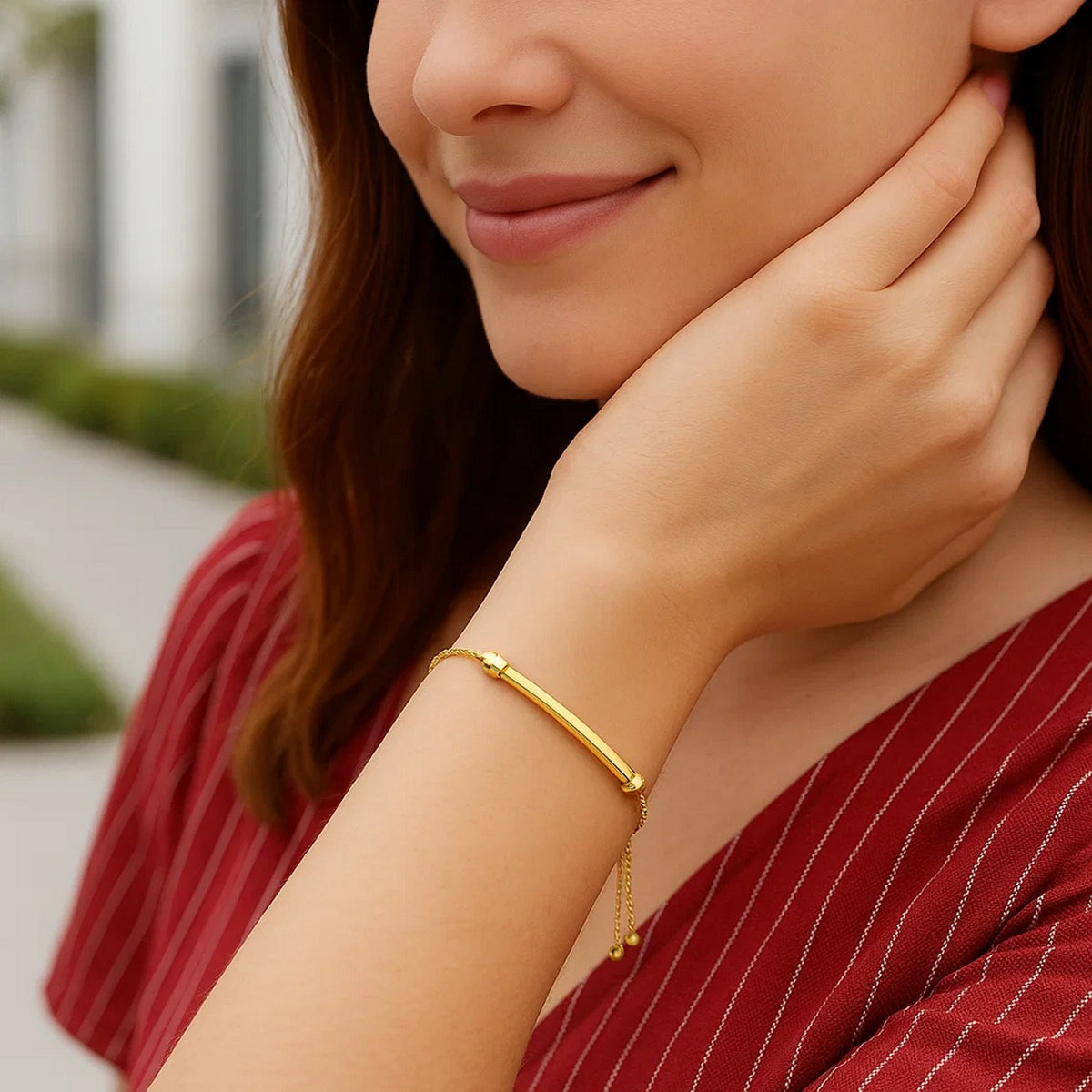 Curved Bar Adjustable Bracelet in 14K Yellow Gold, worn