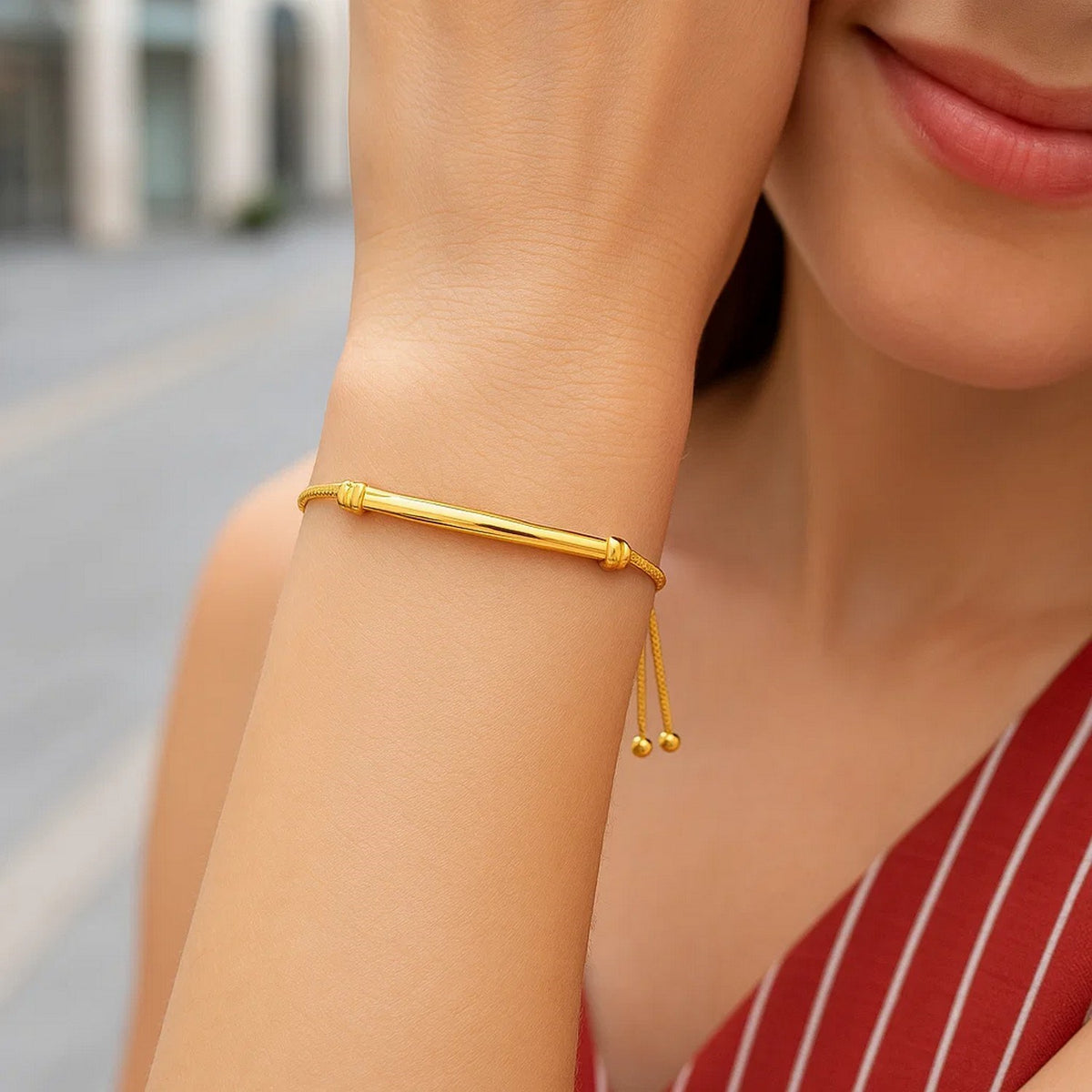 Curved Bar Adjustable Bracelet in 14K Yellow Gold, worn