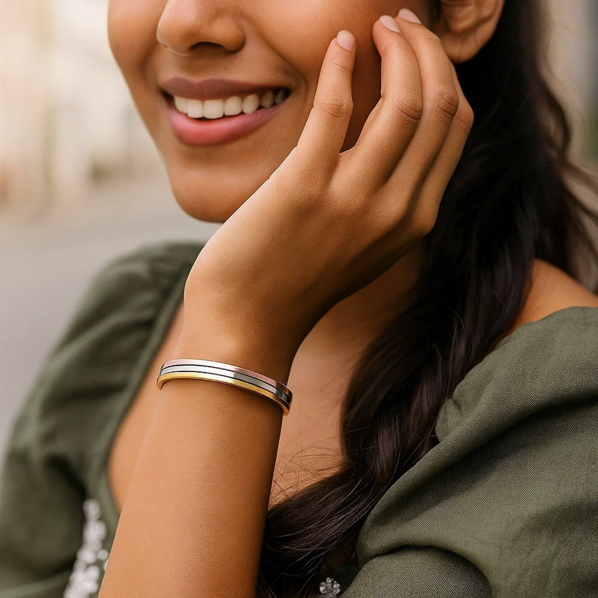 Tri-Color Three-Band Bangle in 14K Gold, worn