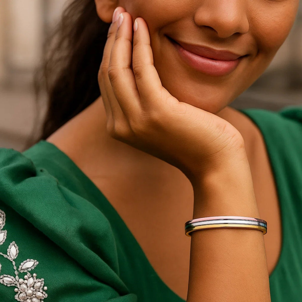 Tri-Color Three-Band Bangle in 14K Gold, worn