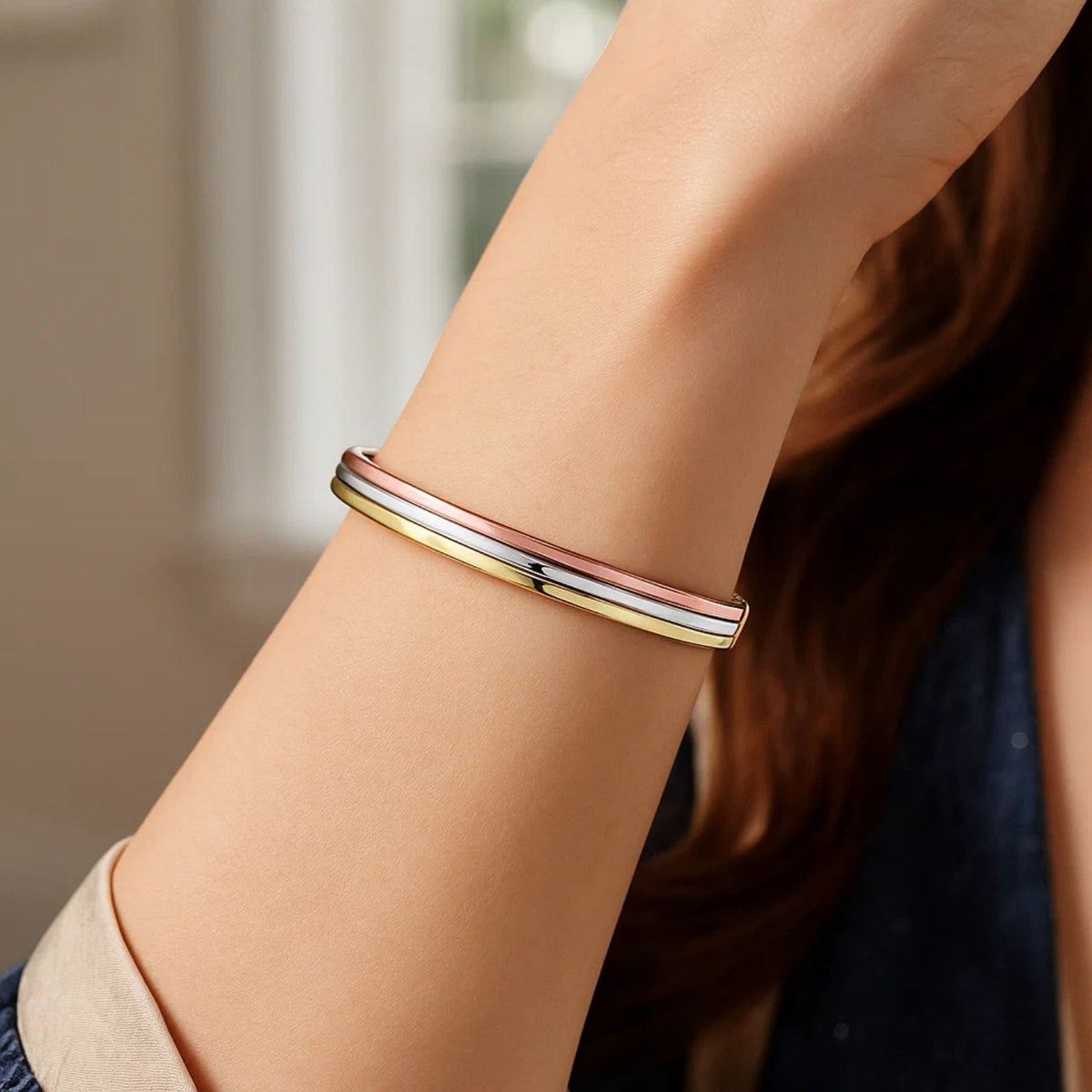 Tri-Color Three-Band Bangle in 14K Gold, worn