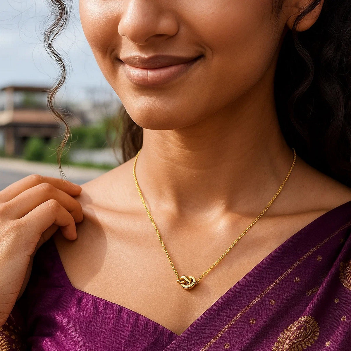 Polished Knot Cable Chain Necklace in 14K Yellow Gold, worn