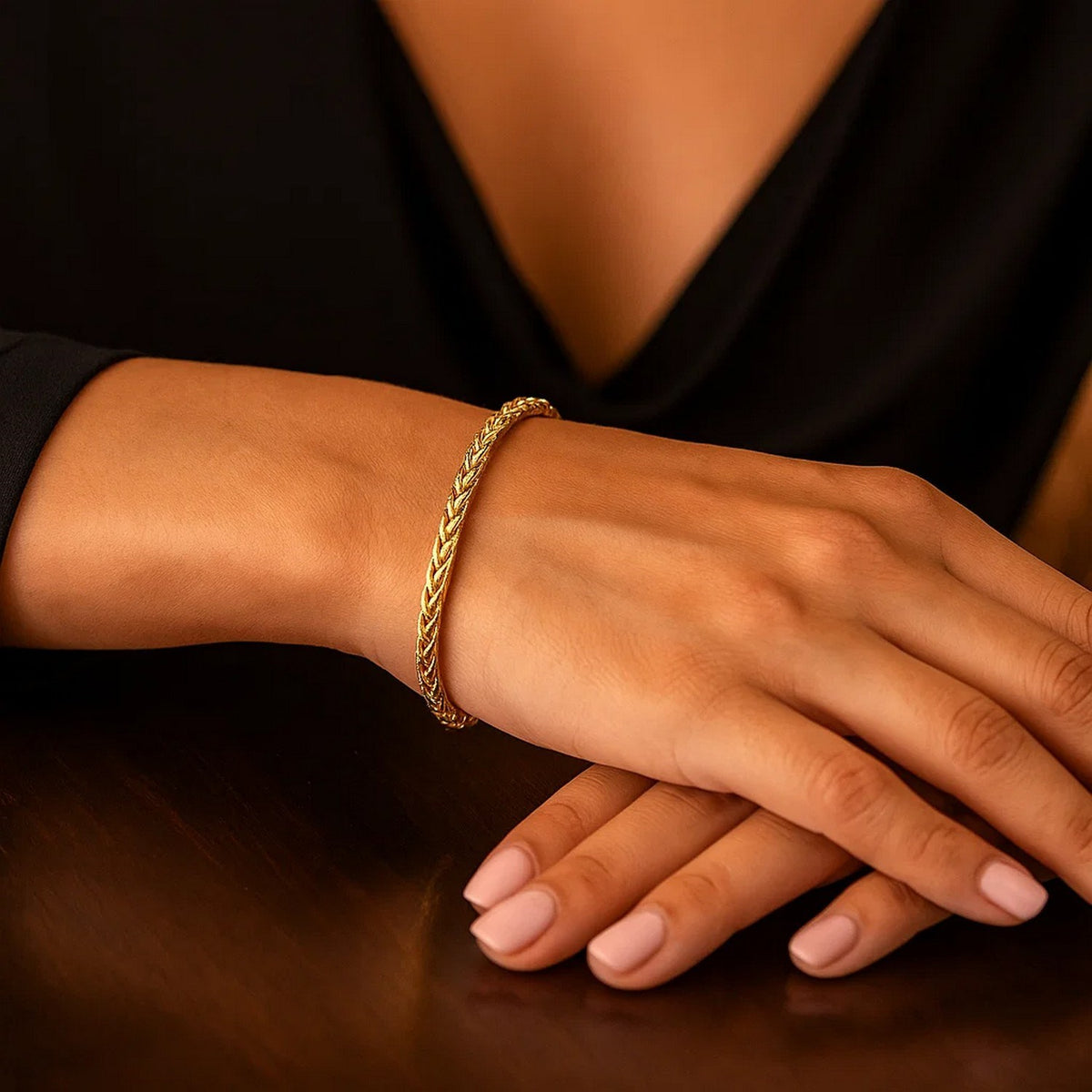 Lightweight Wheat Chain Bracelet in 14K Yellow Gold, worn