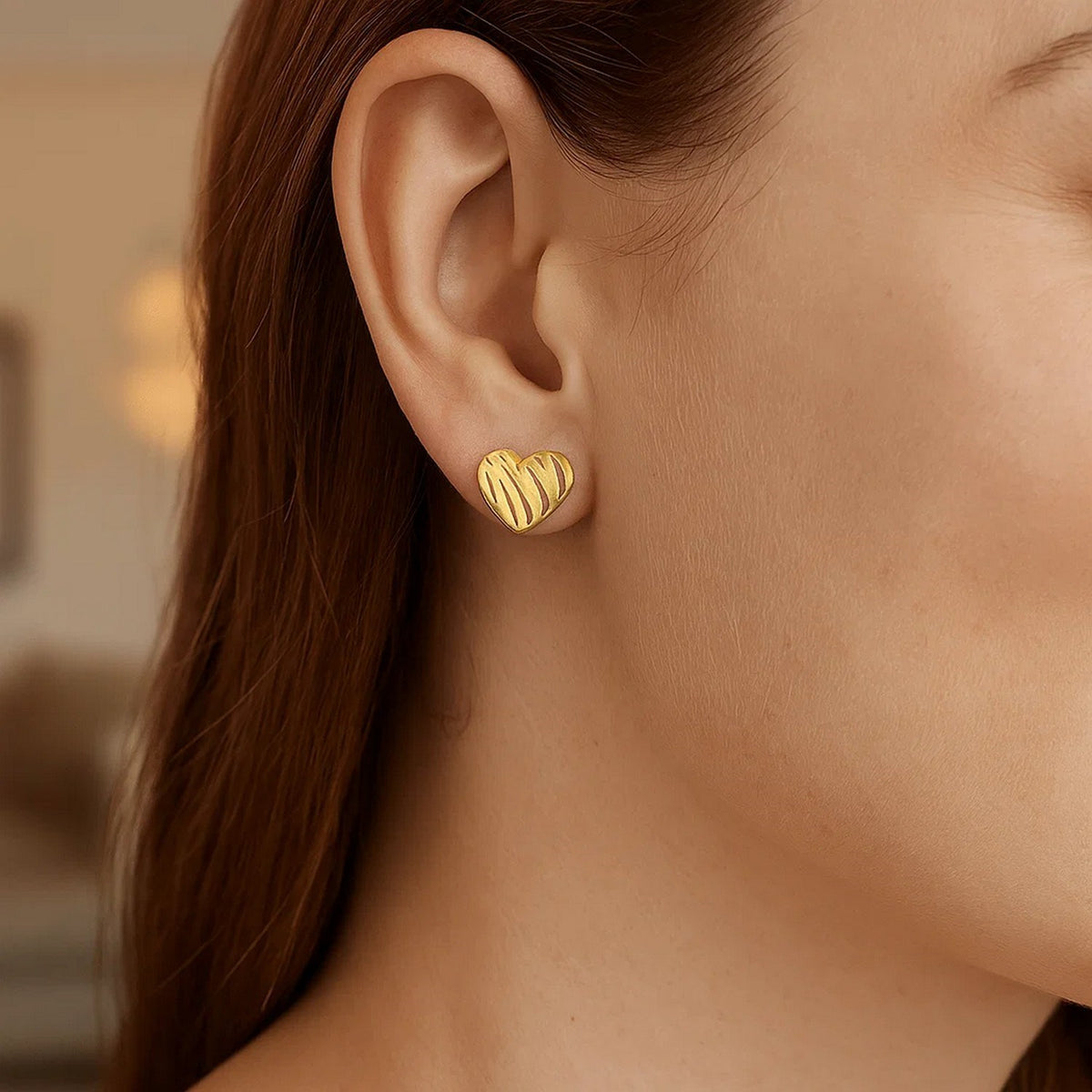 Scribble Heart Stud Earrings in 14K Yellow Gold, worn