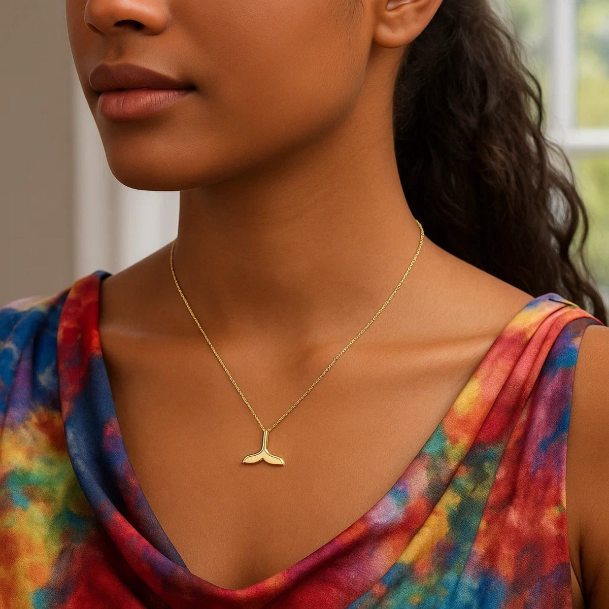 Polished Whale Tail Necklace in 14K Yellow Gold, worn