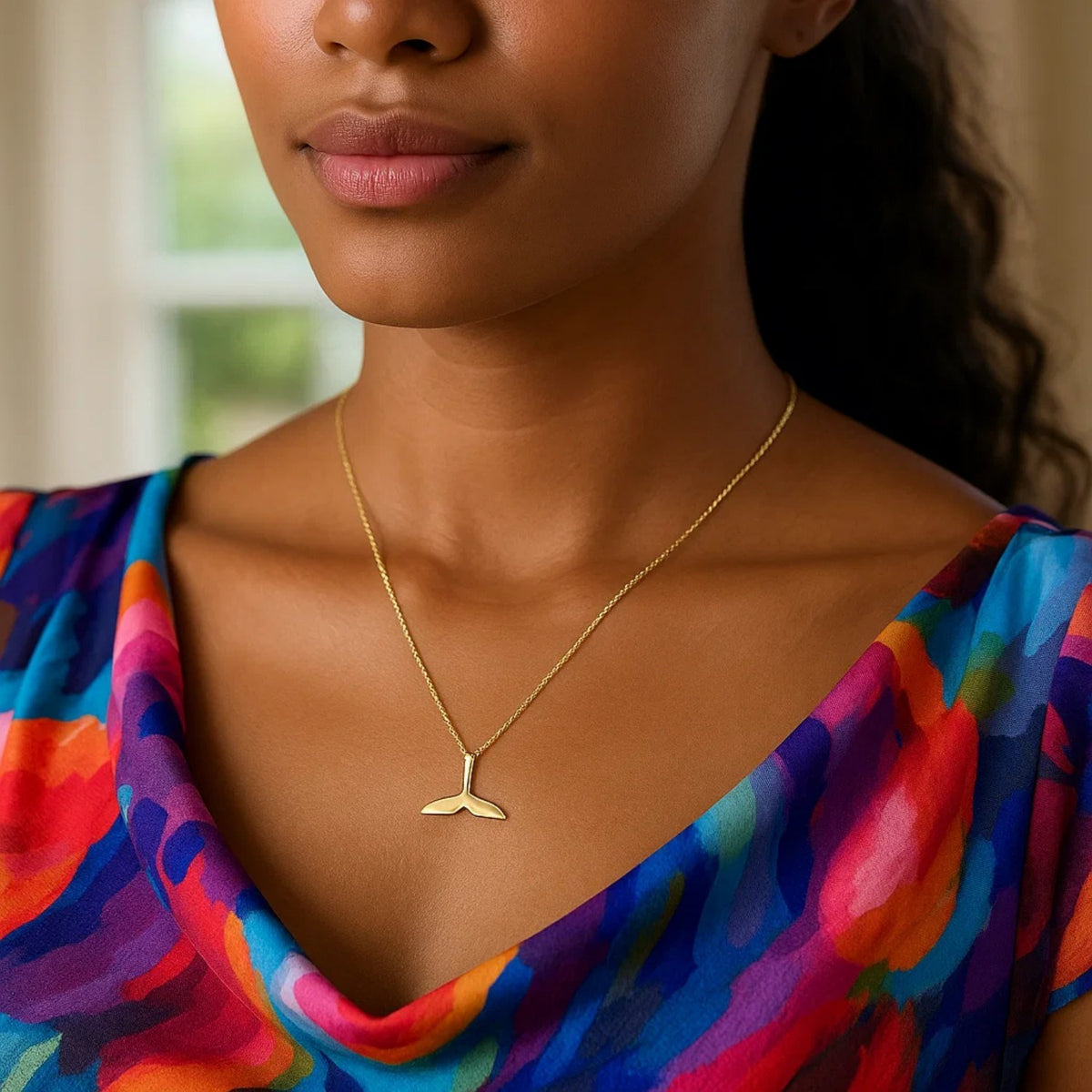 Polished Whale Tail Necklace in 14K Yellow Gold, worn