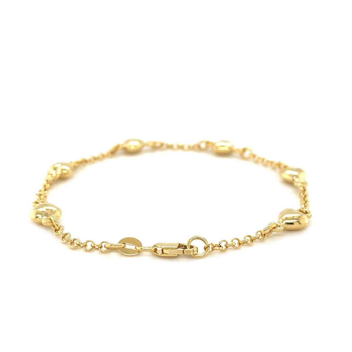 Puffed Heart Station Rolo Bracelet in 14K Yellow Gold