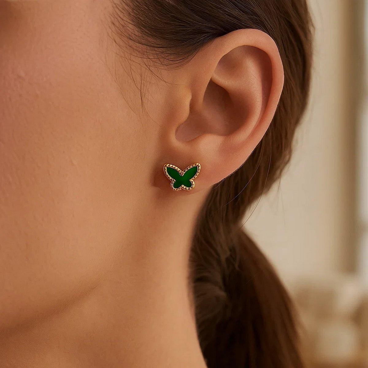 Malachite Butterfly Stud Earrings in 14K Yellow Gold (10.50 mm)