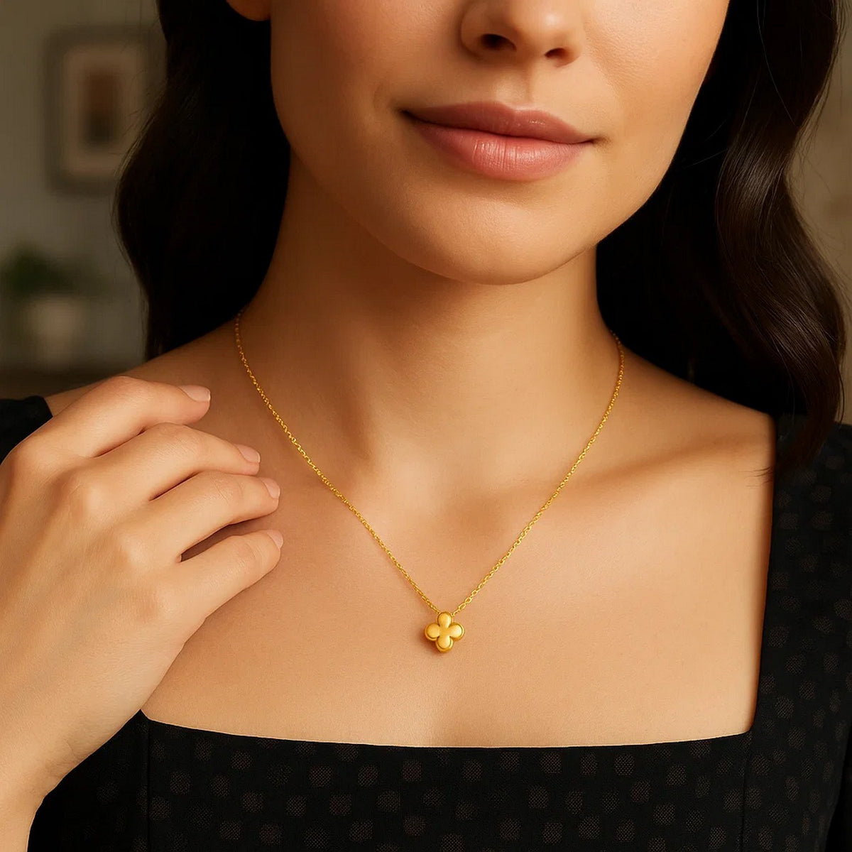 Puffed Mini Clover Pendant Necklace in 14K Yellow Gold