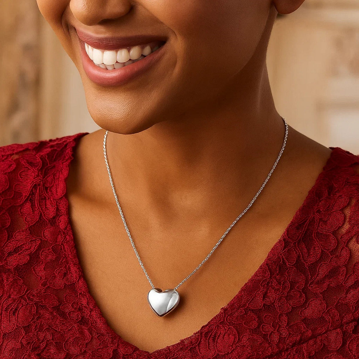 Puffy Heart Necklace in Rhodium-Plated Sterling Silver