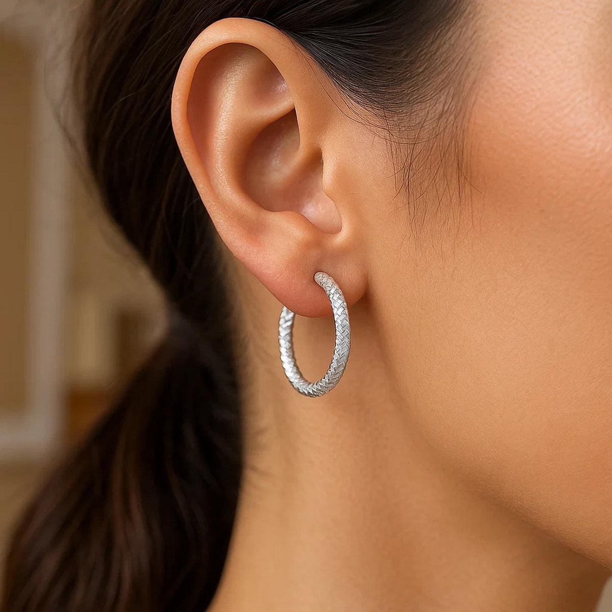 Large Braid Texture Hoop Earrings in Sterling Silver (3x20mm)
