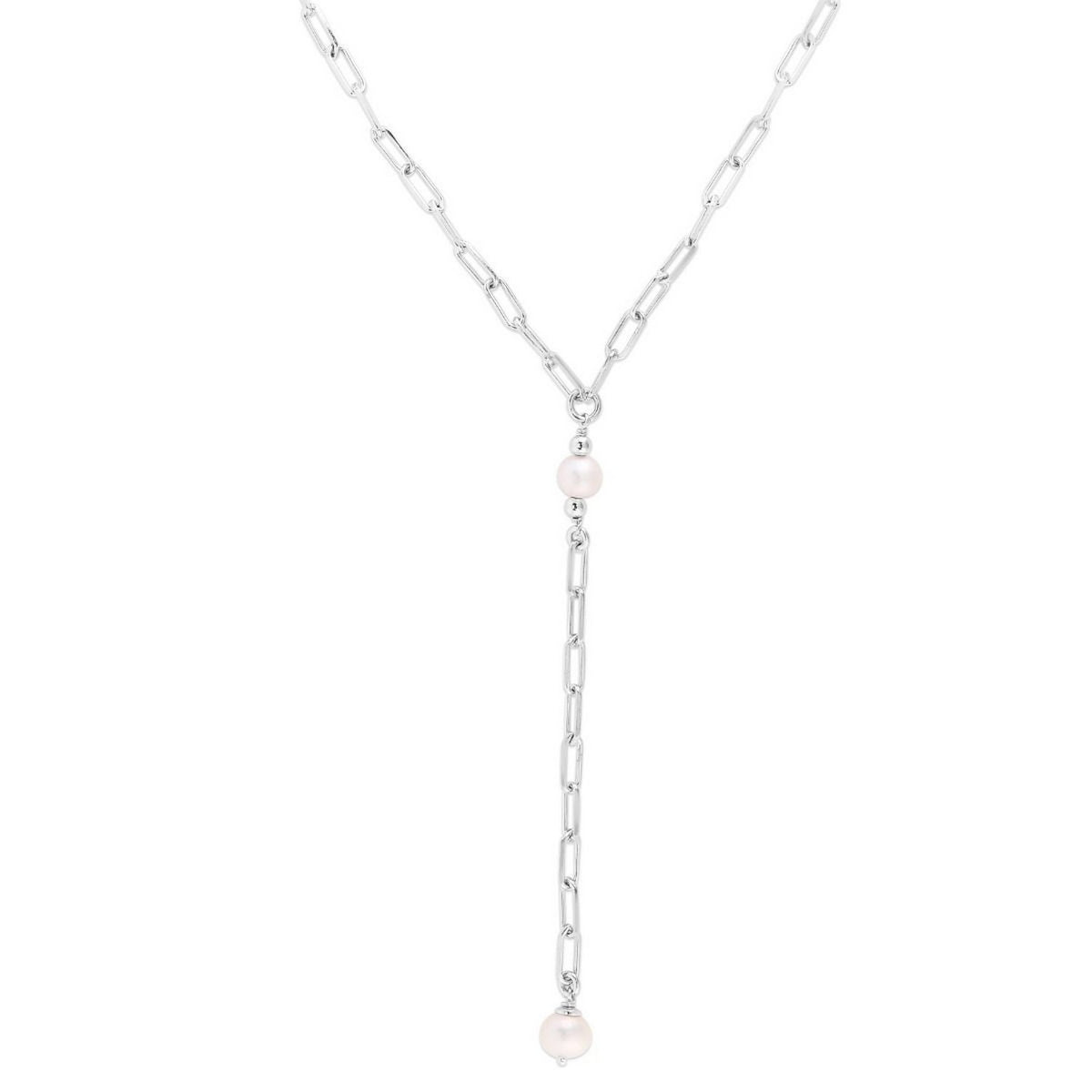 Freshwater Pearl Paperclip Lariat Necklace in Rhodium-Plated Sterling Silver