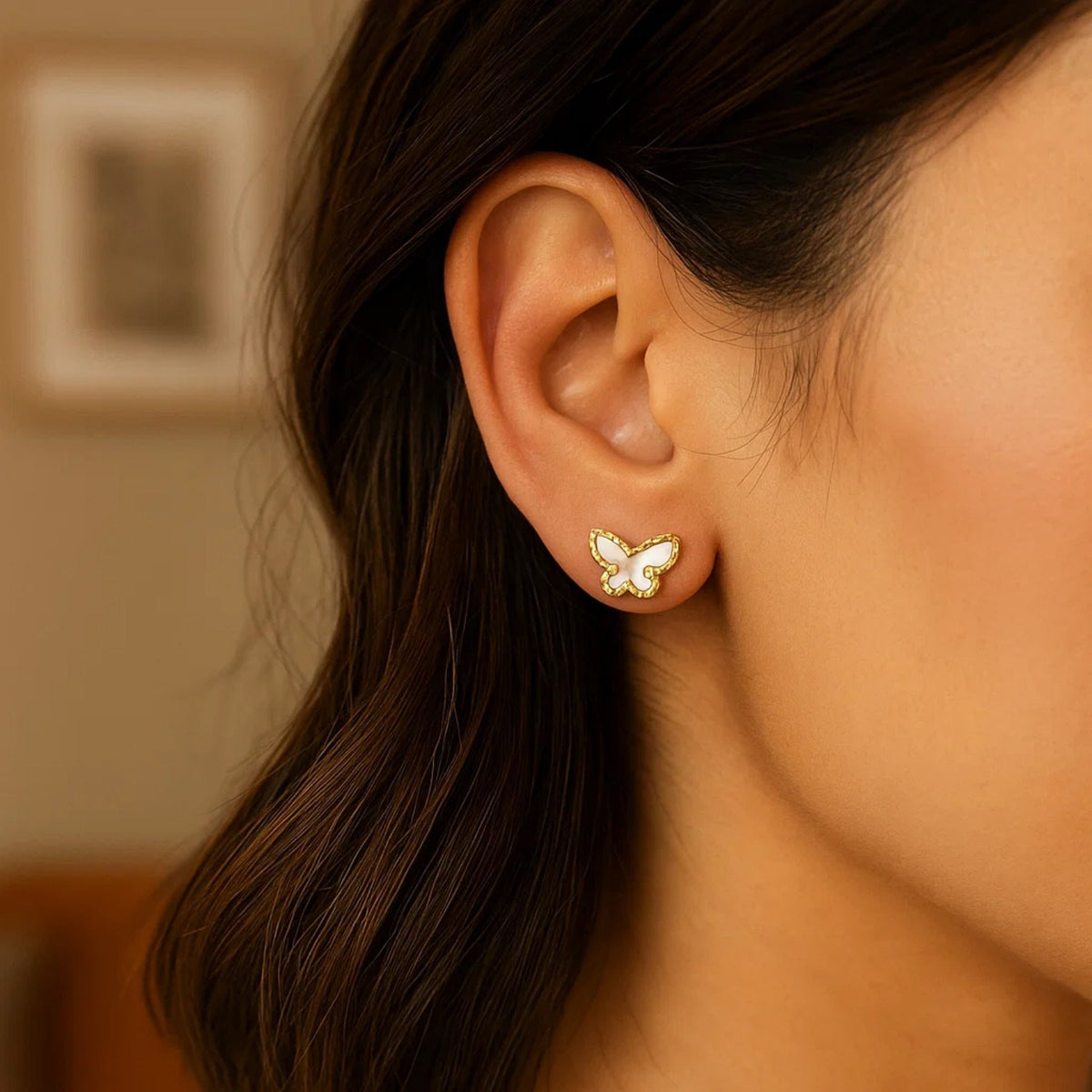Mother of Pearl Butterfly Stud Earrings in 14K Yellow Gold (10.30 mm)