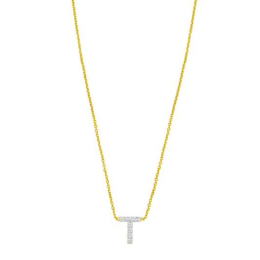 Mini Diamond T Initial Pendant Necklace in 14K Yellow Gold