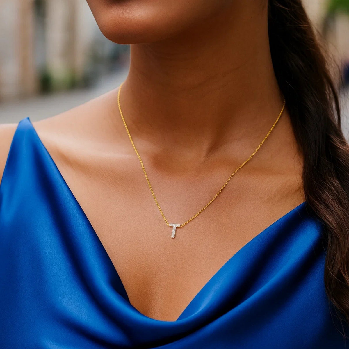 Mini Diamond T Initial Pendant Necklace in 14K Yellow Gold