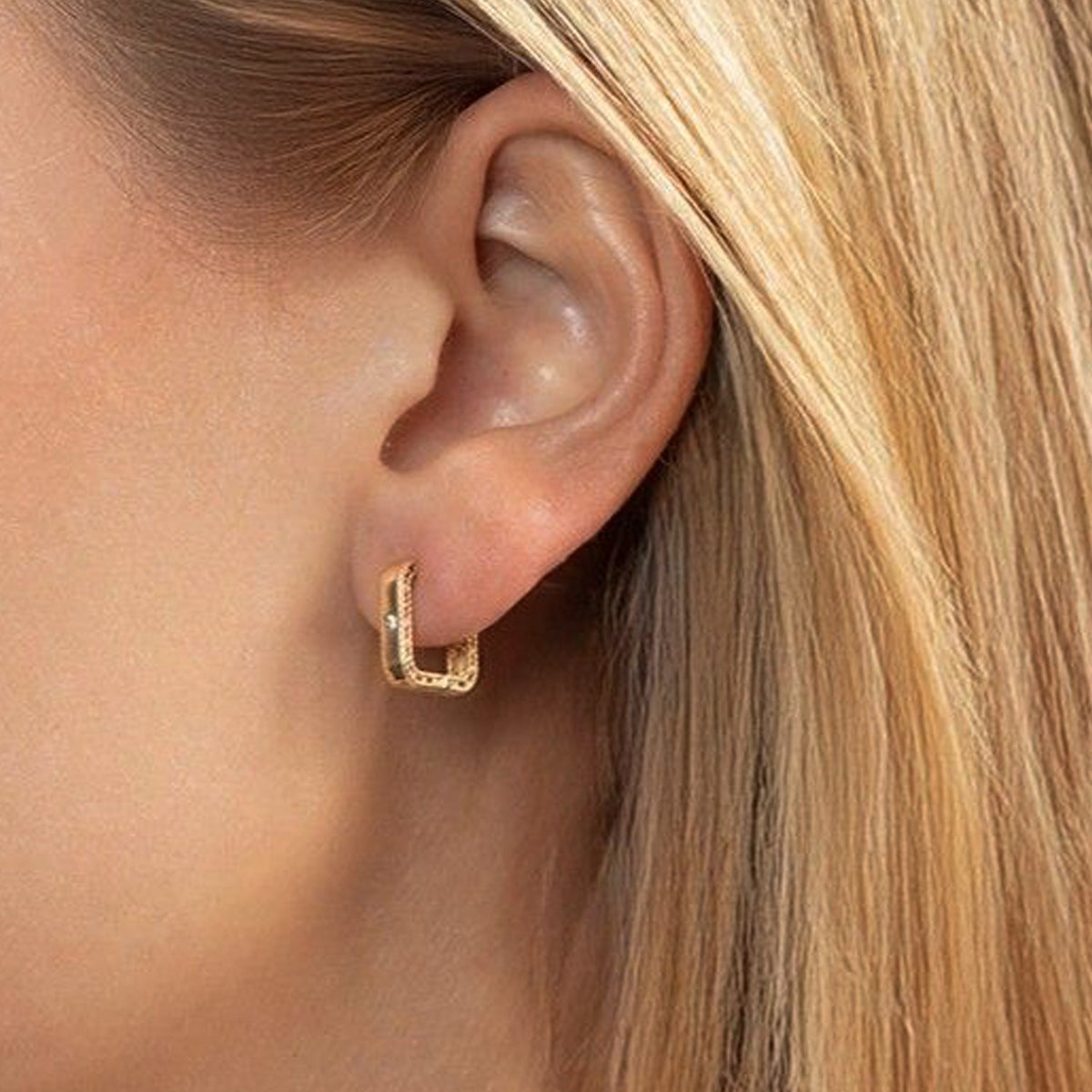 Diamond Square Huggie Earrings in 14K Yellow Gold, worn