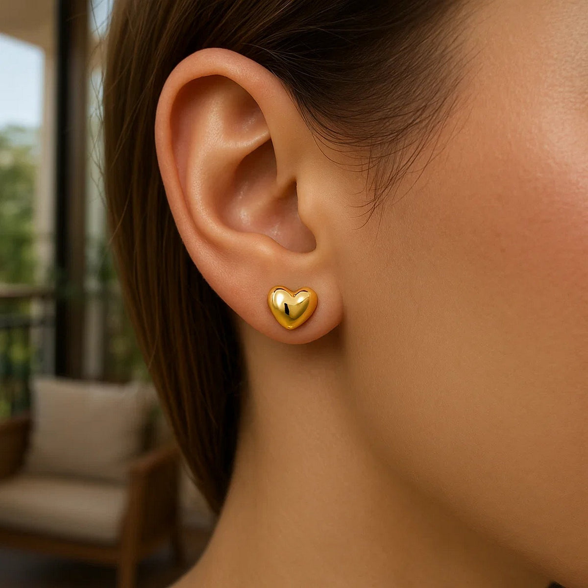 Puffed Heart Shape Shiny Earrings in 14K Yellow Gold