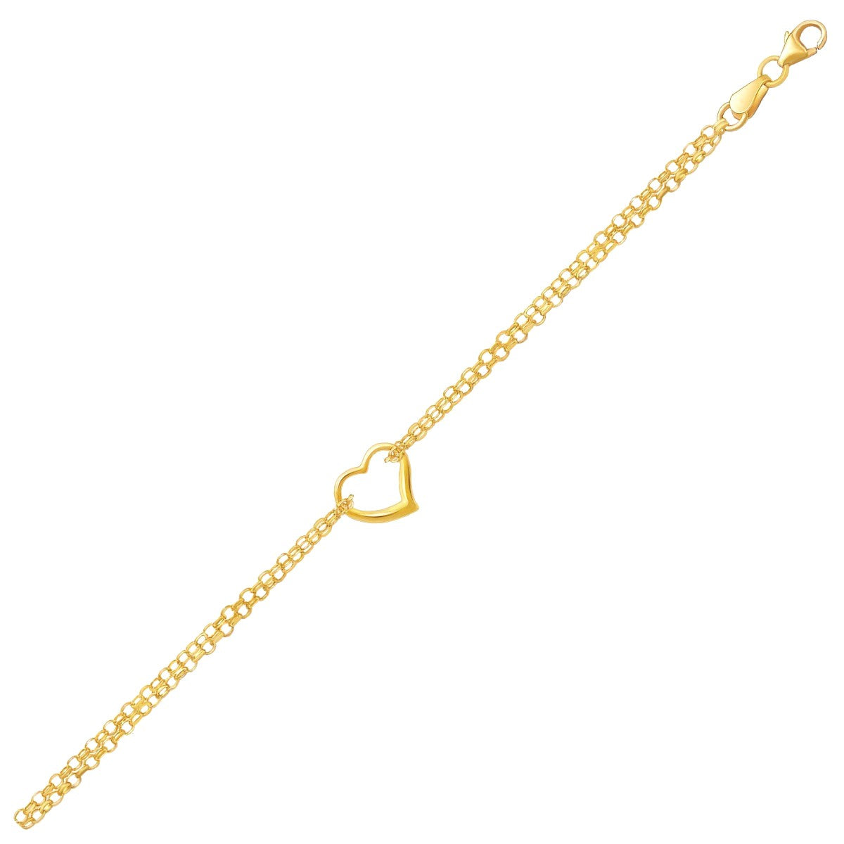 Double Rolo Chain Open Heart Anklet in 10K Yellow Gold