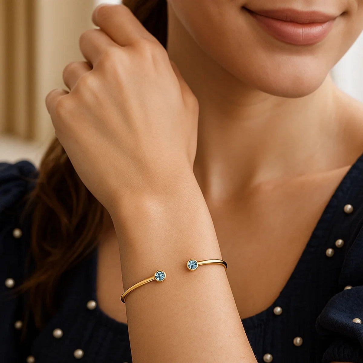 Blue Topaz Open Cuff Bangle in 14K Yellow Gold (2.00 mm)