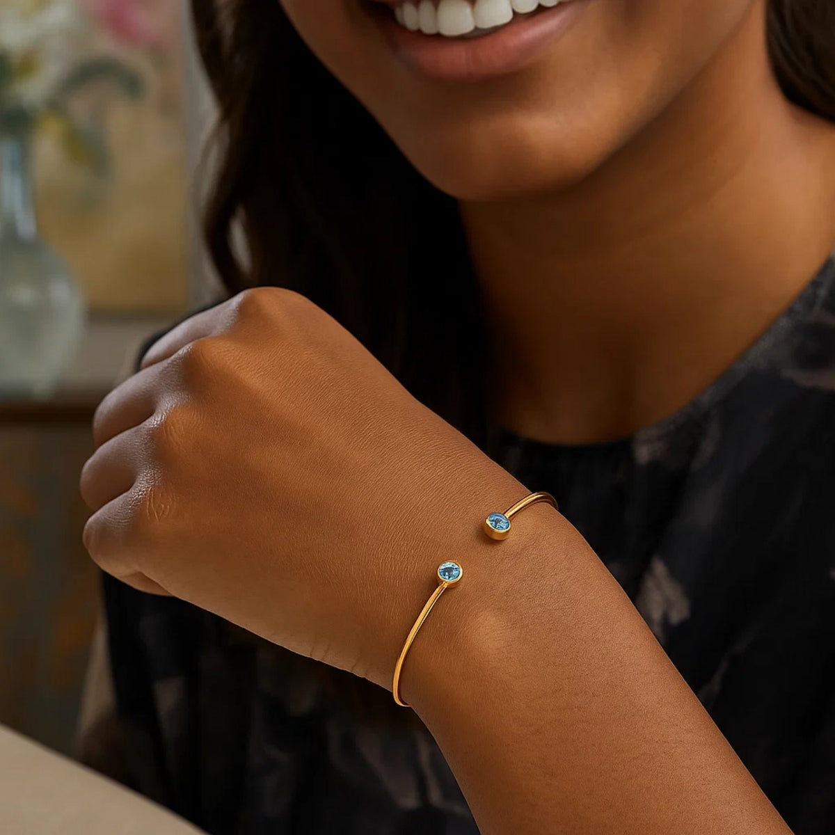 Blue Topaz Open Cuff Bangle in 14K Yellow Gold (2.00 mm)