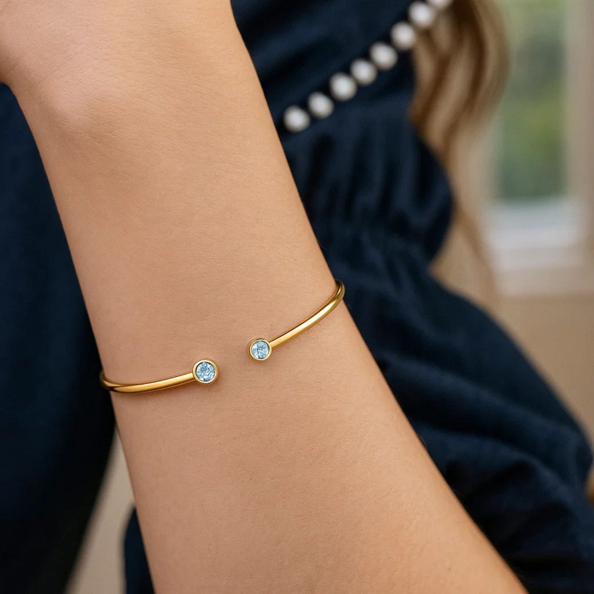 Blue Topaz Open Cuff Bangle in 14K Yellow Gold (2.00 mm)