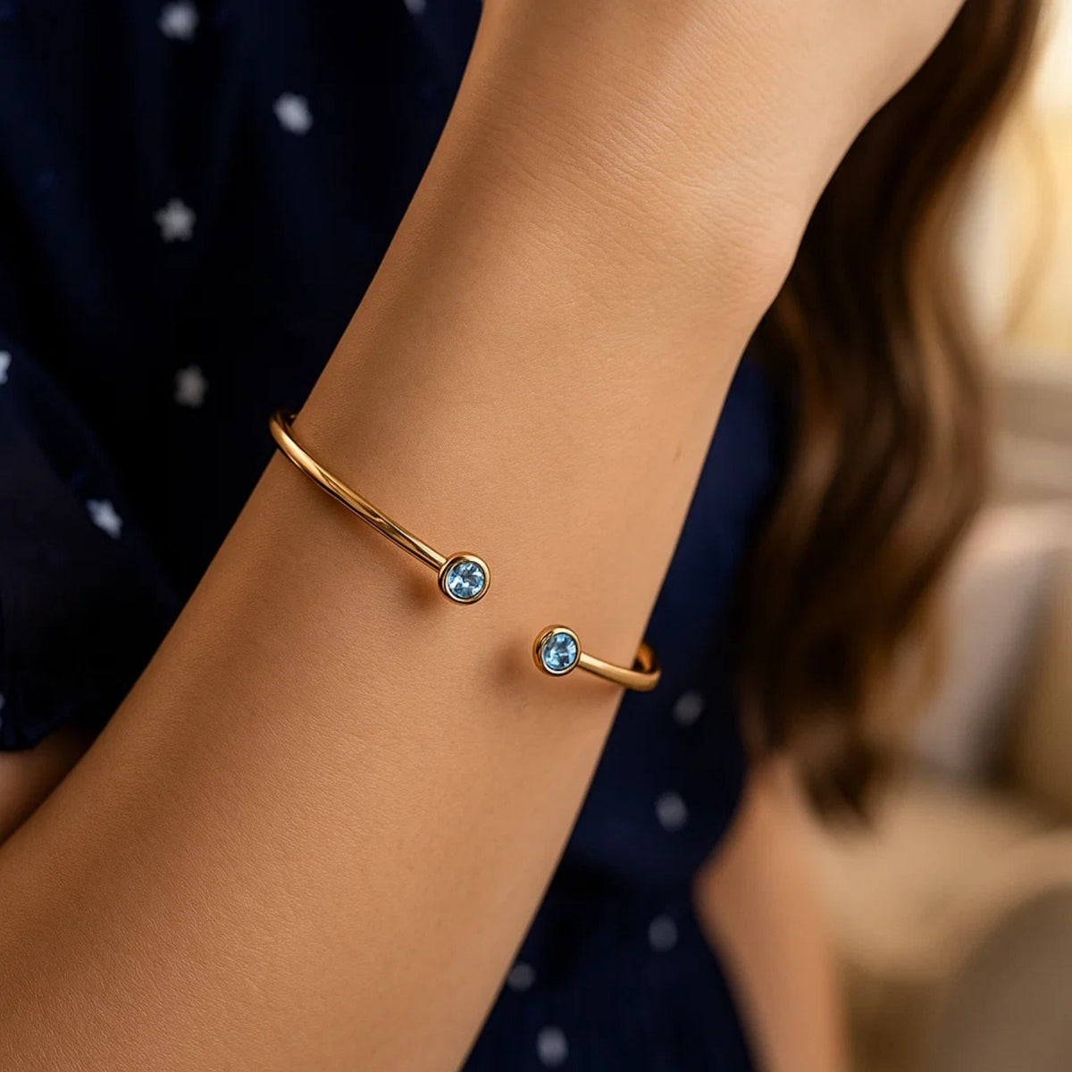 Blue Topaz Open Cuff Bangle in 14K Yellow Gold (2.00 mm)