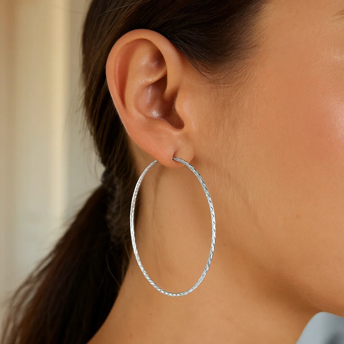 Large Textured Round Hoop Earrings in Sterling Silver (1.6x60mm)