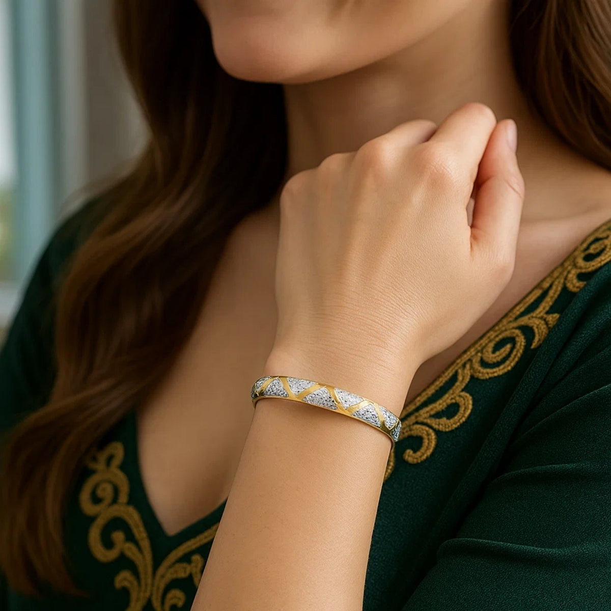 Textured Zigzag Style Bangle in 10K Two-Tone Gold (6.00 mm)
