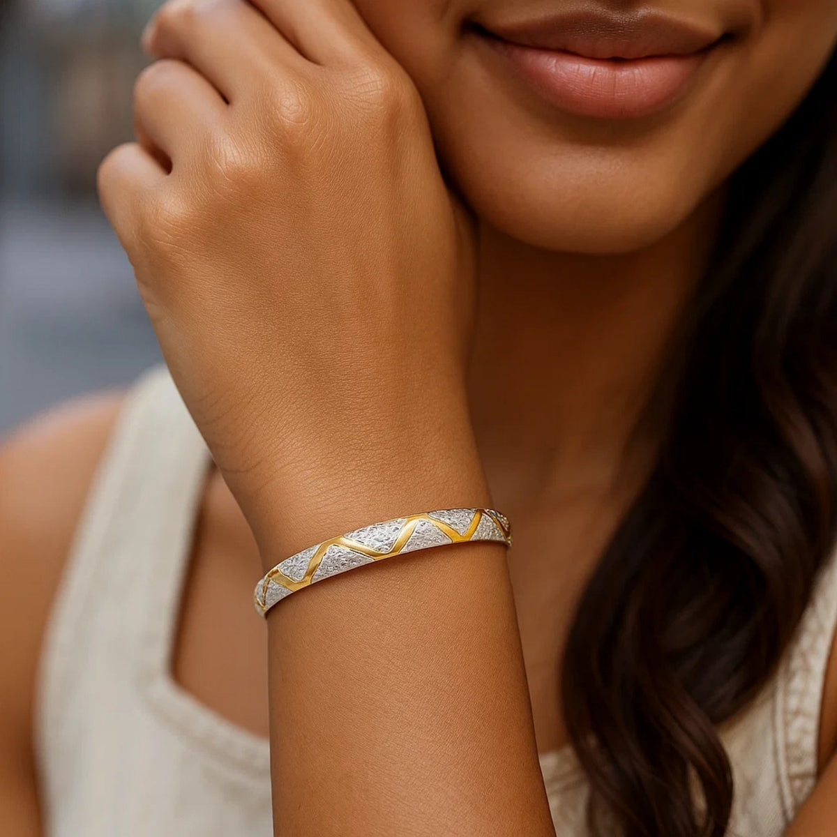 Textured Zigzag Style Bangle in 10K Two-Tone Gold (6.00 mm)