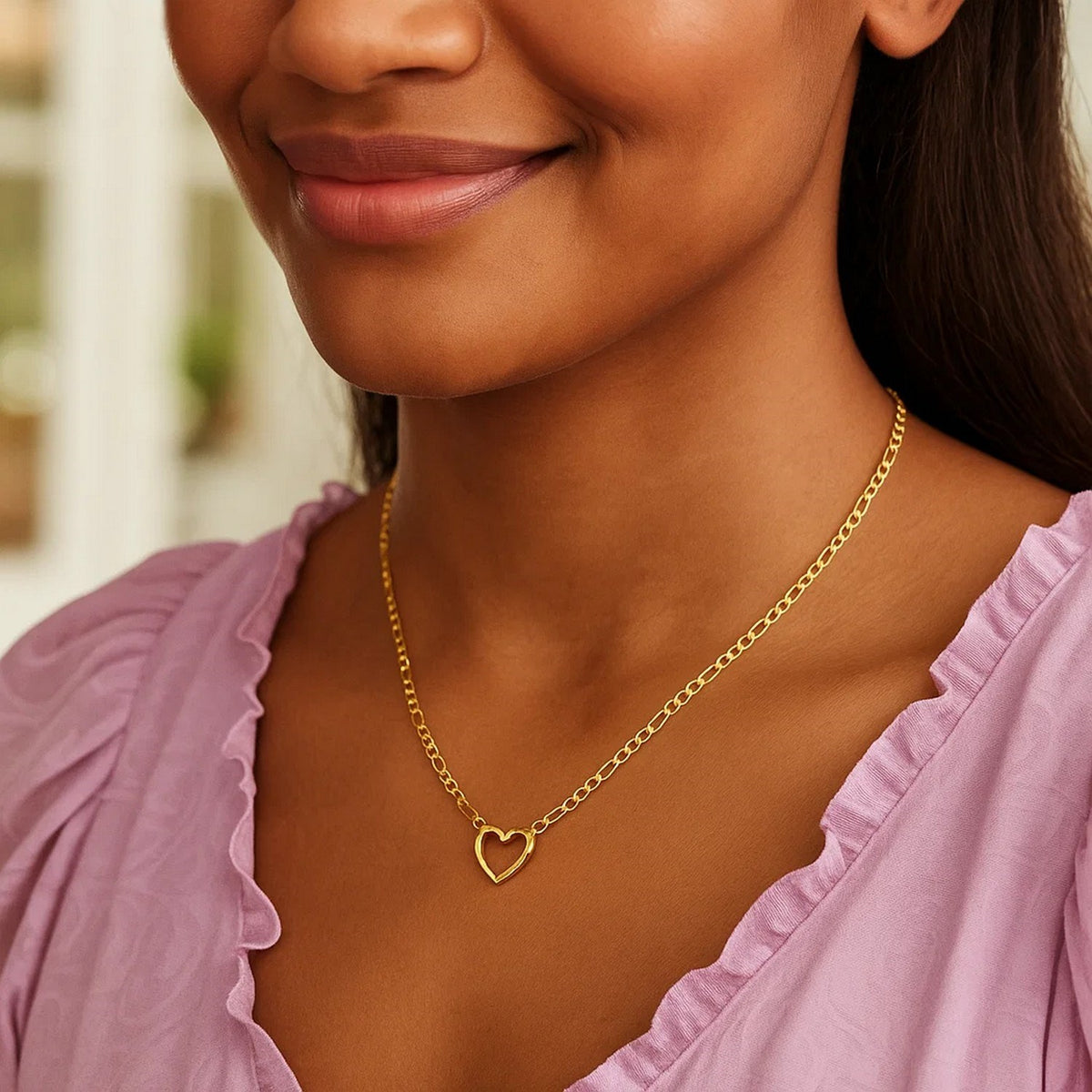 Figaro Chain Heart Necklace in 10K Yellow Gold