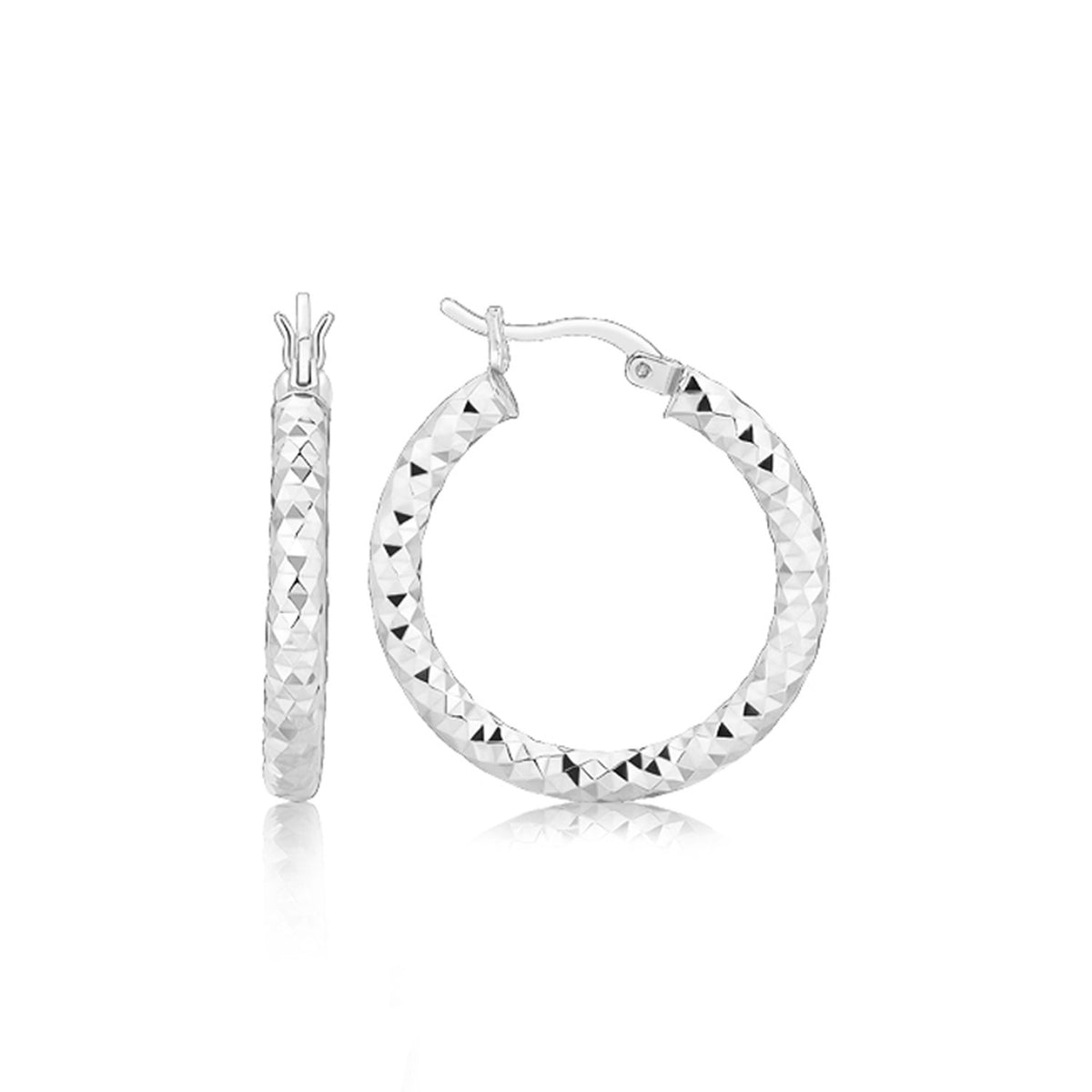 Faceted Hoop Earrings with Rhodium Finish in Silver (3x20mm)