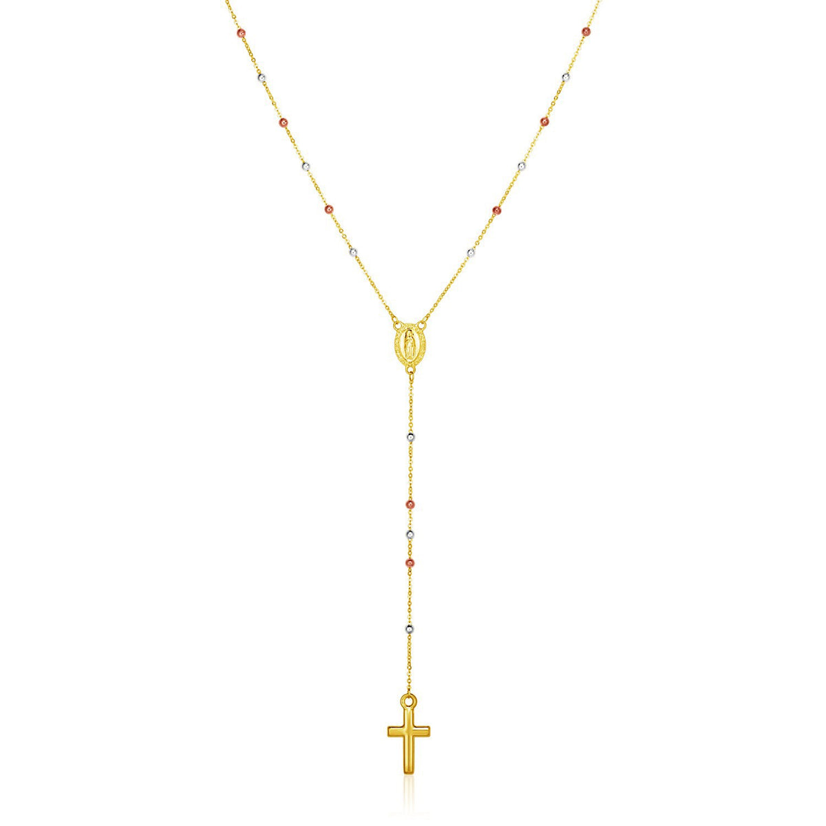 Tri-Color Gold Lariat Rosary Necklace in 14K