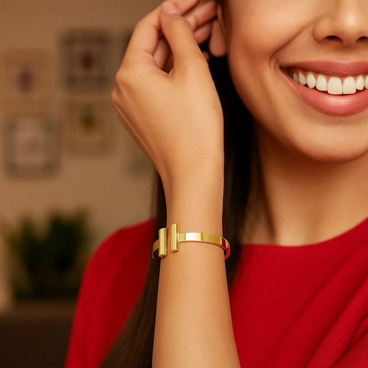 Double Bar Cuff Bangle in 14K Yellow Gold, worn