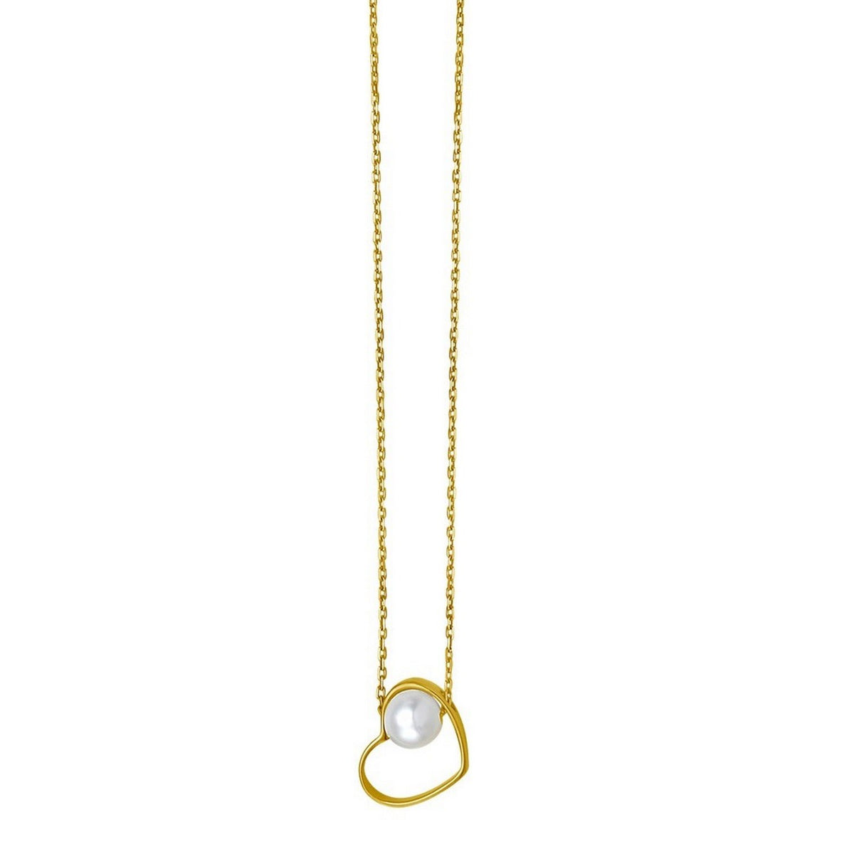 Open Heart & Pearl Necklace in 14K Yellow Gold