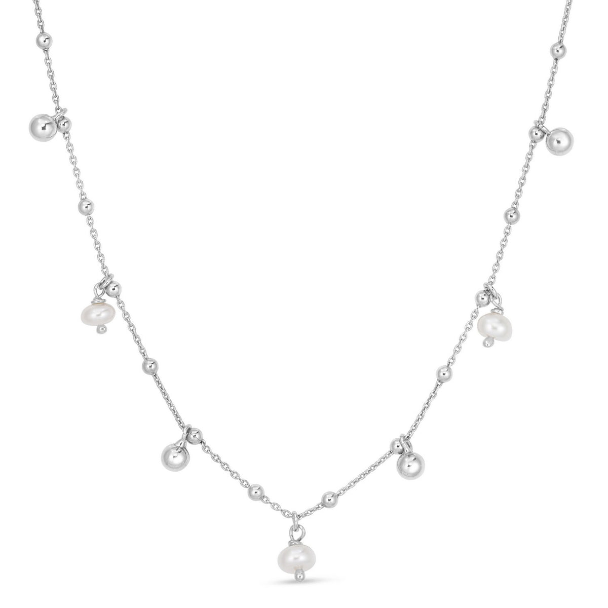 Pearl Station Charm Necklace in Rhodium-Plated Sterling Silver