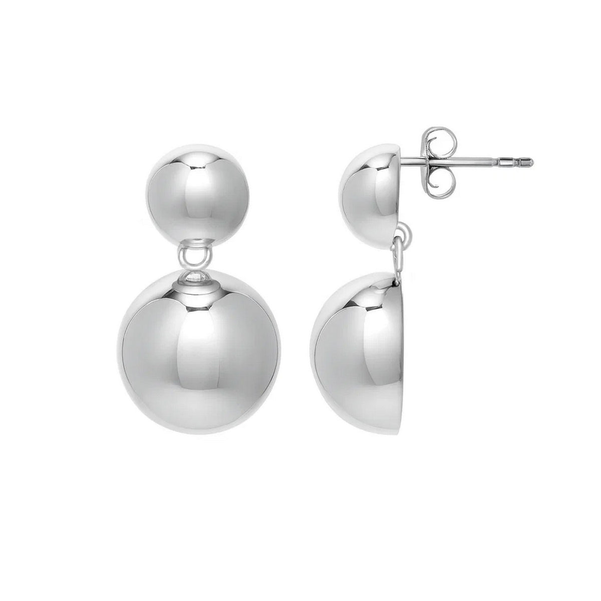 Puffed Round Double Button Drop Earrings in Rhodium Silver
