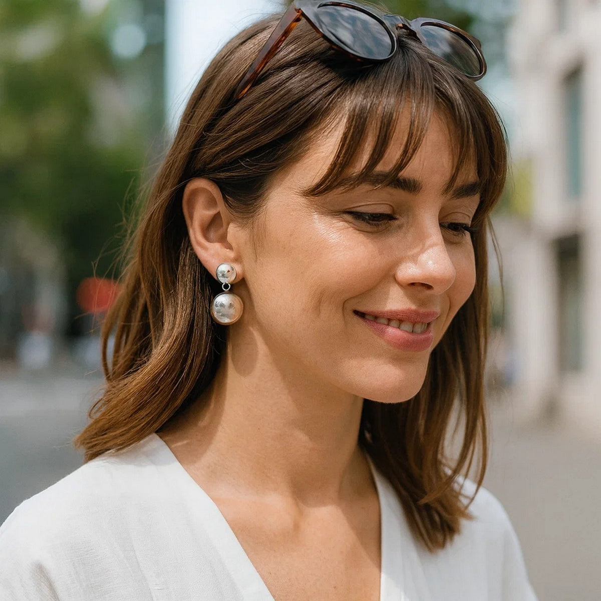 Puffed Round Double Button Drop Earrings in Rhodium Silver