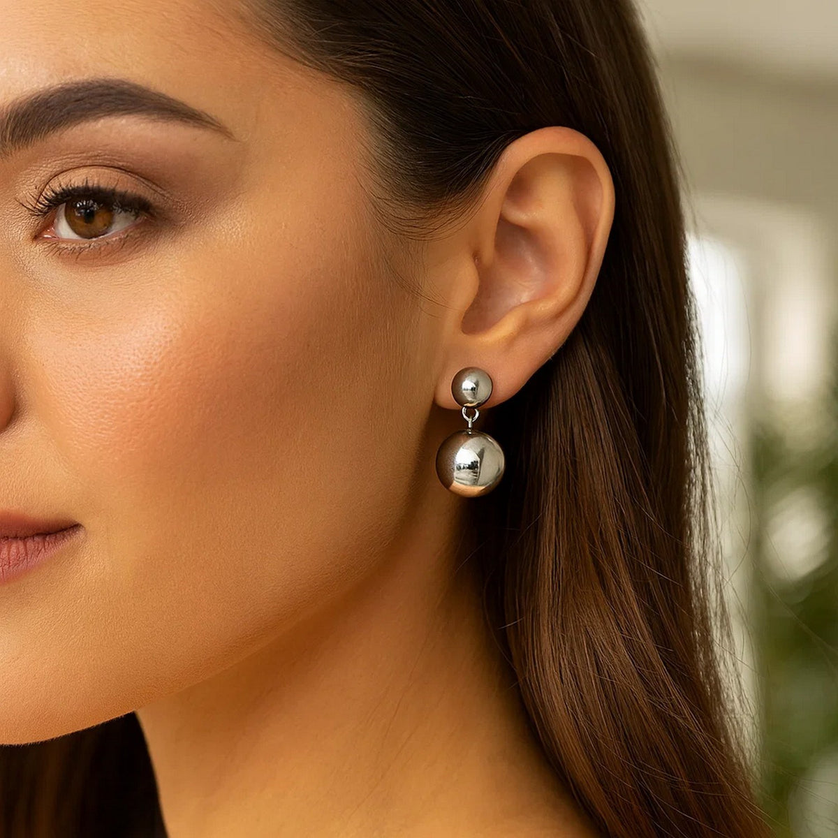 Puffed Round Double Button Drop Earrings in Rhodium Silver