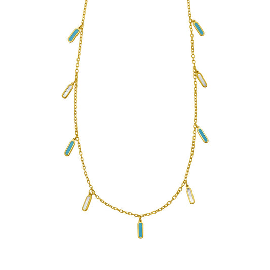 Turquoise & MOP Inlay Station Necklace in 14K Yellow Gold