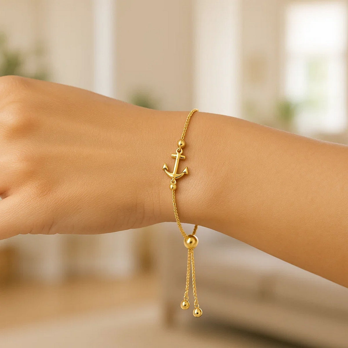 Adjustable Anchor Bracelet in 14K Yellow Gold, worn