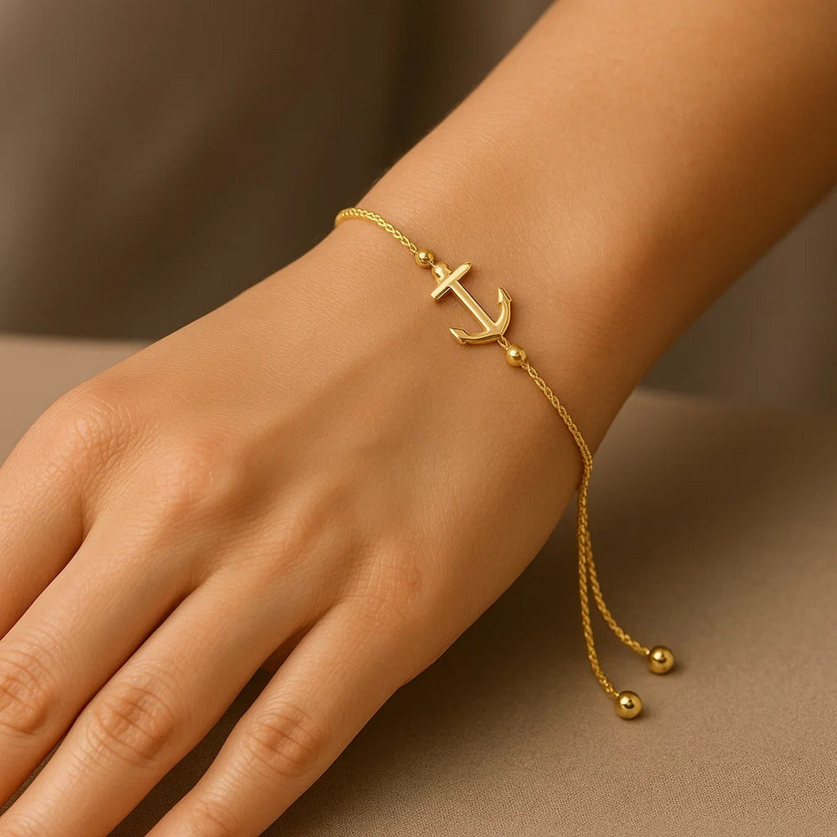 Adjustable Anchor Bracelet in 14K Yellow Gold, worn